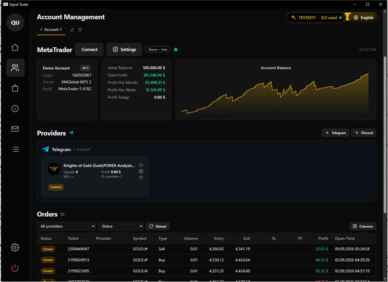 Account screen — balance, profit and a chart for each MT5 account you have linked.