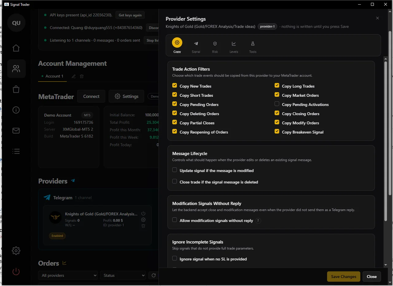 Signal table — every post received, and what the software did with it.