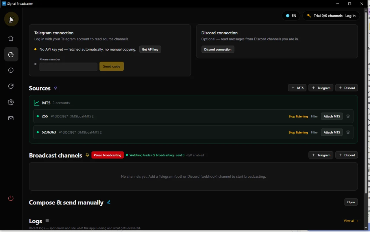 Control panel — sources at the top, destination channels below; work down the page.
